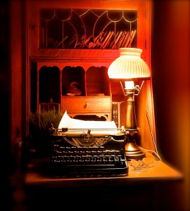 Lamp, typewriter, and specs..by John Levanen